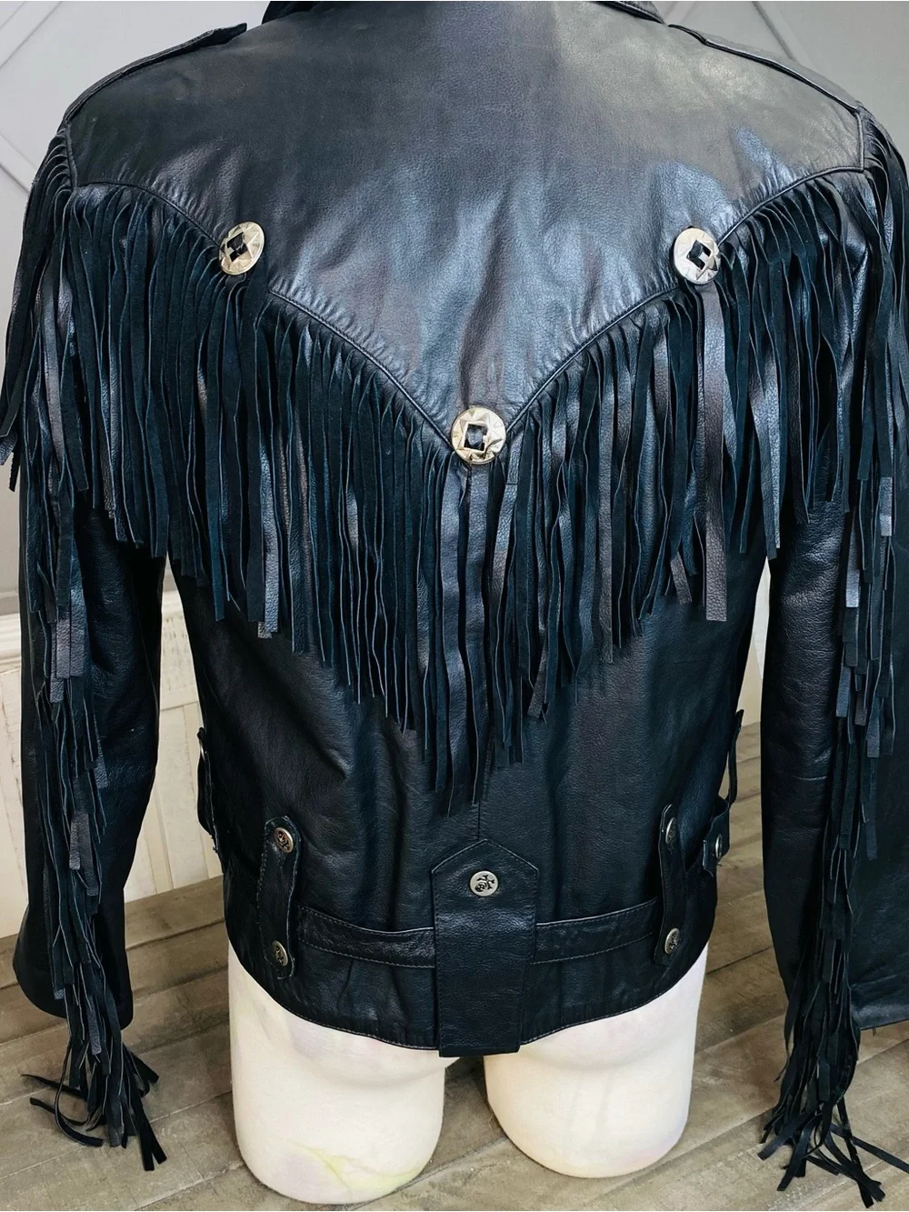 Vintage Leather Warehouse Black Fringe Moto Jacket Belted Western Rock Sz 44